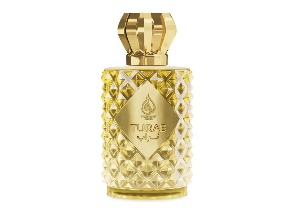 Frasco dourado do perfume Turab Mawwal Arabic com tampa geométrica