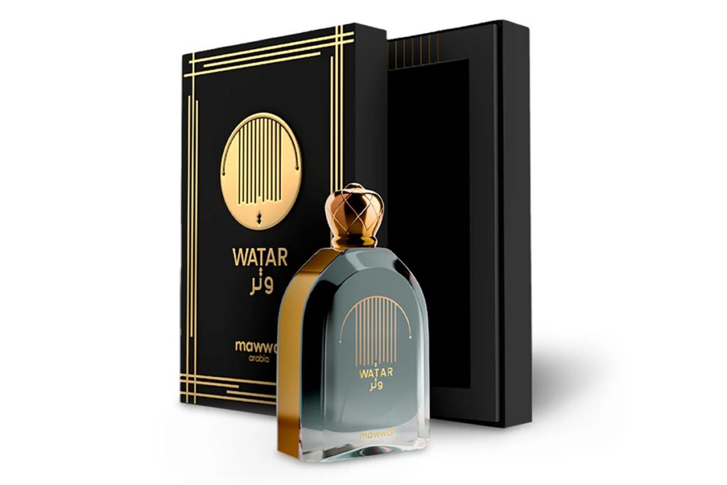 Perfume Watar em frasco elegante com dourado ao lado de caixa preta com acabamento dourado.