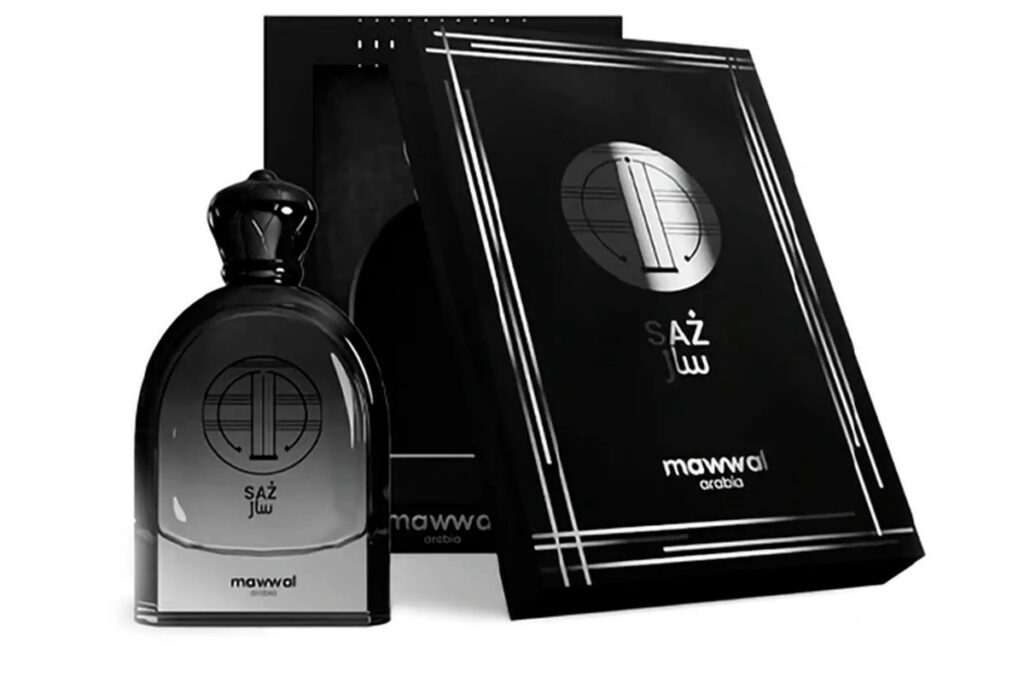 Frasco preto do perfume Mawwal Saz ao lado da caixa preta luxuosa com detalhes metálicos.