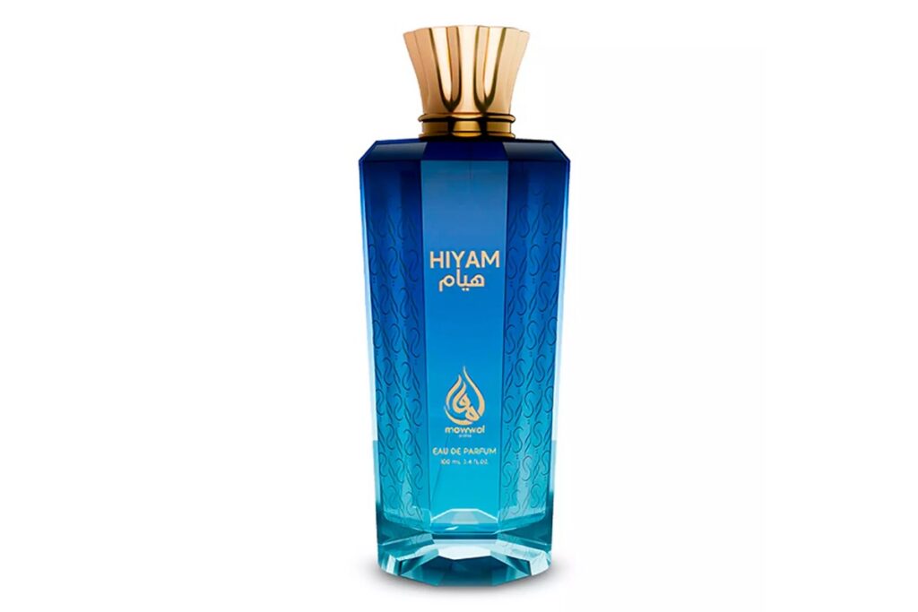 Frasco do perfume Hiyam em tom azul degradê, com detalhes dourados e tampa dourada em formato de leque.