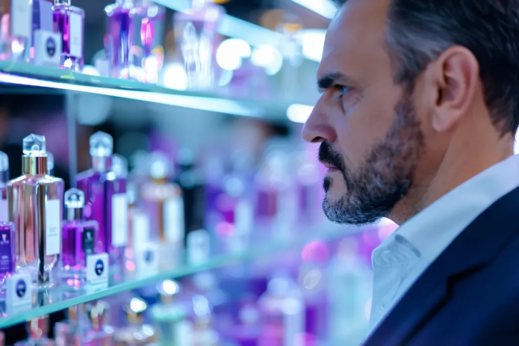 Homem observando frascos de perfume coloridos em uma prateleira iluminada dentro de uma perfumaria.
