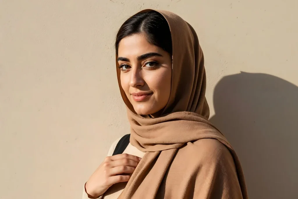 Mulher com hijab marrom sorrindo suavemente sob luz natural, em frente a uma parede clara.