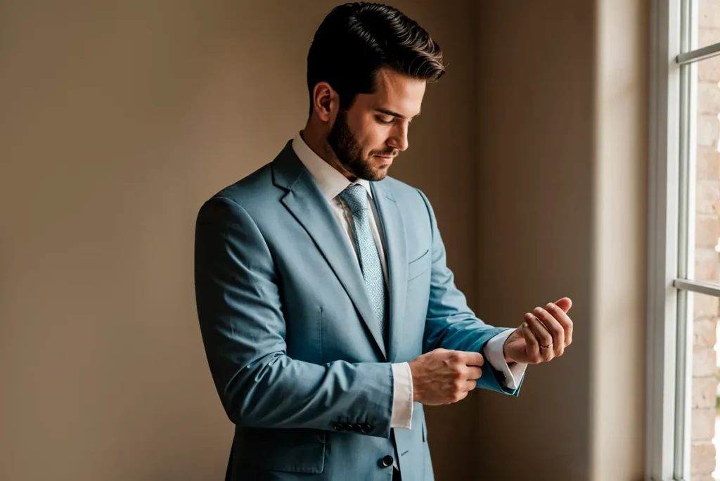 Homem de terno azul ajustando o punho da camisa enquanto olha para baixo ao lado de uma janela iluminada.