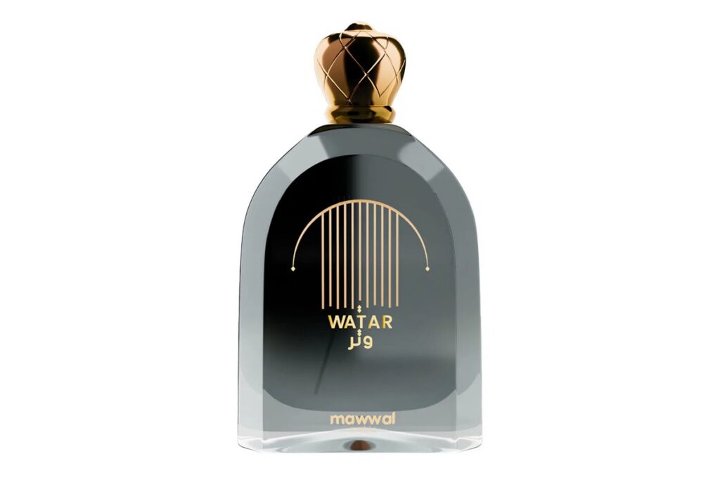 Frasco preto do perfume Watar Mawwal com tampa dourada arredondada e detalhes dourados no rótulo.