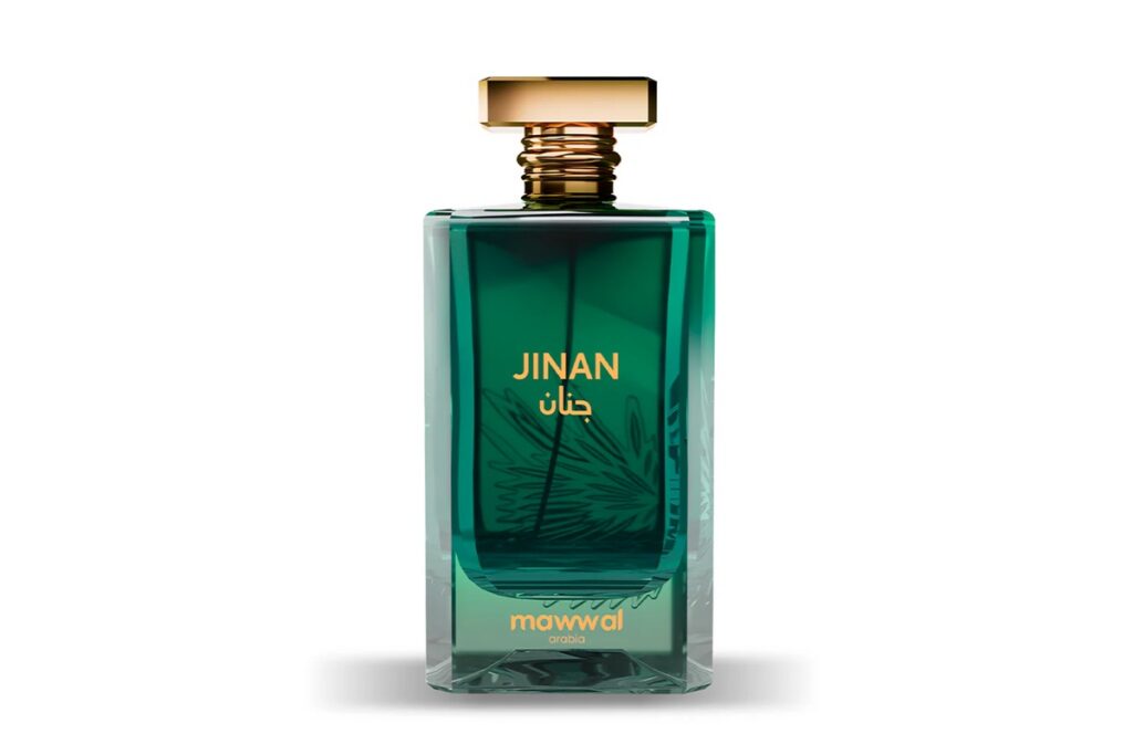 Frasco verde do perfume Jinan Mawwal com tampa dourada e detalhes em dourado no rótulo.