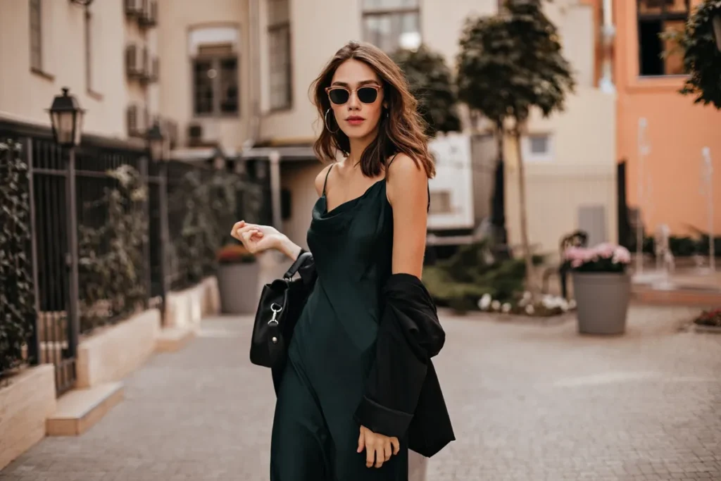 Mulher jovem usando vestido verde escuro, óculos de sol e jaqueta preta no braço, caminhando em um ambiente urbano sofisticado.