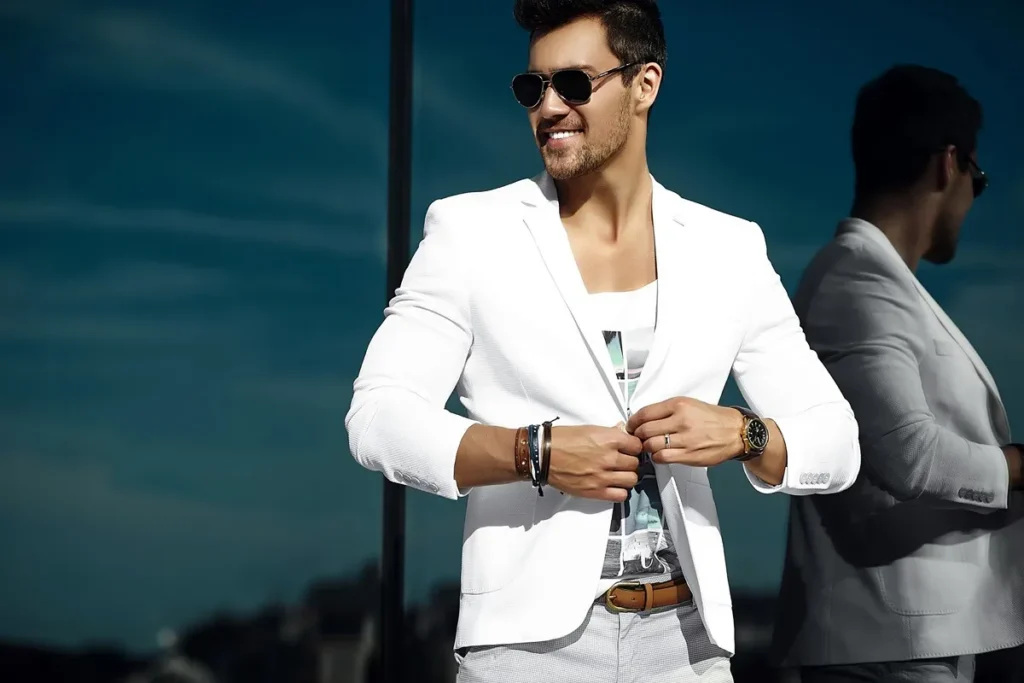 Homem elegante vestindo blazer branco e óculos de sol escuros, sorrindo enquanto ajusta o botão do blazer.