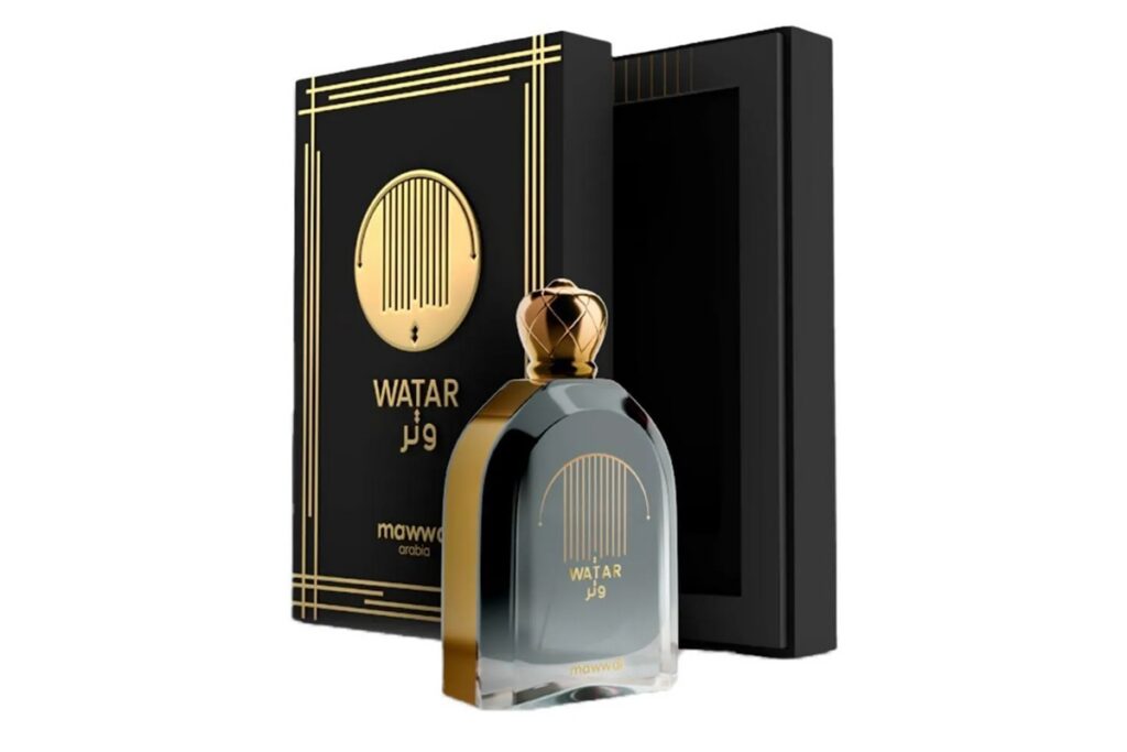 Perfume Watar Mawwal em frasco preto com detalhes dourados ao lado de caixa preta decorada em dourado.