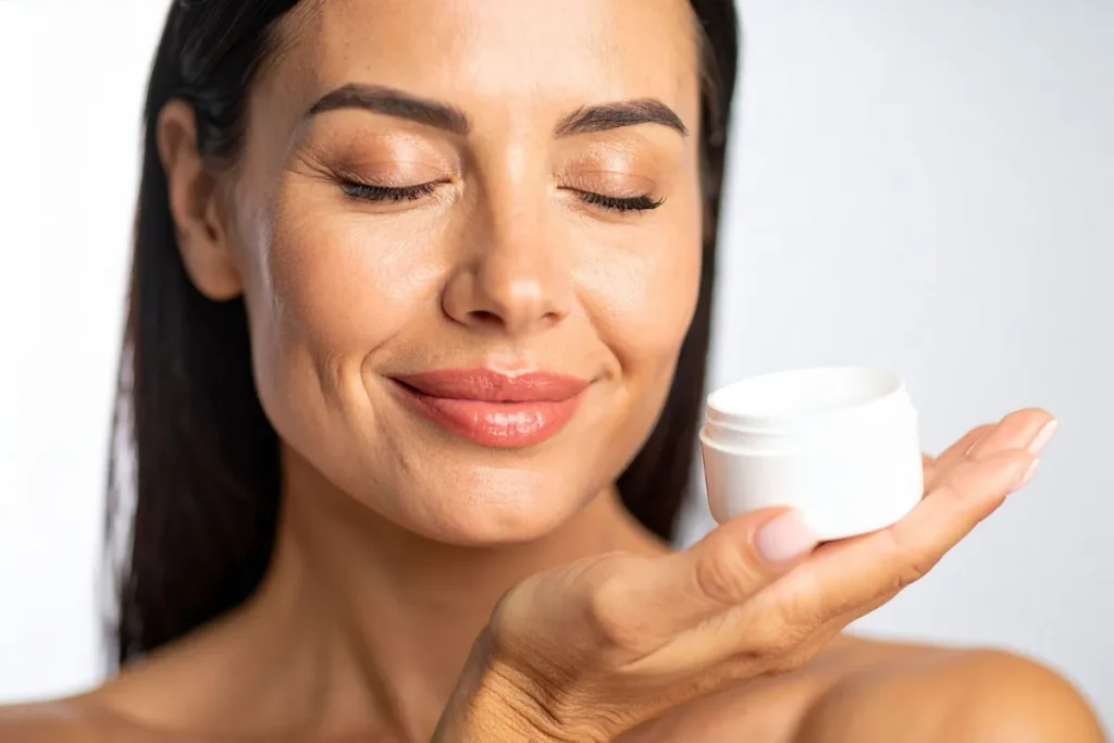 mulher sorrindo segurando um pote pequeno de creme hidratante na mão