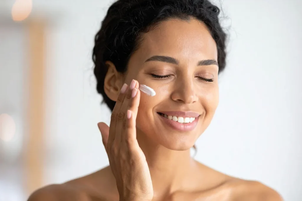 mulher sorrindo enquanto aplica creme hidratante na região da bochecha