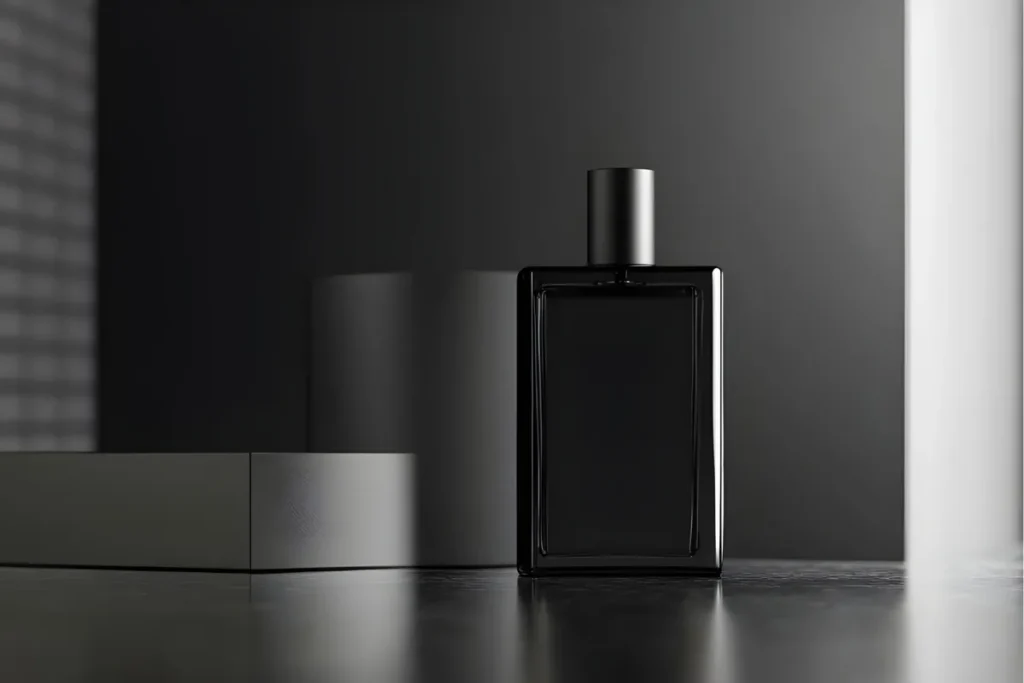 frasco de perfume masculino preto com design minimalista sobre uma superfície clara