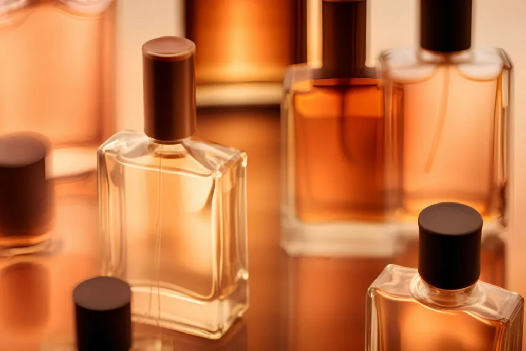 vários frascos de perfume com líquido em tons âmbar posicionados lado a lado