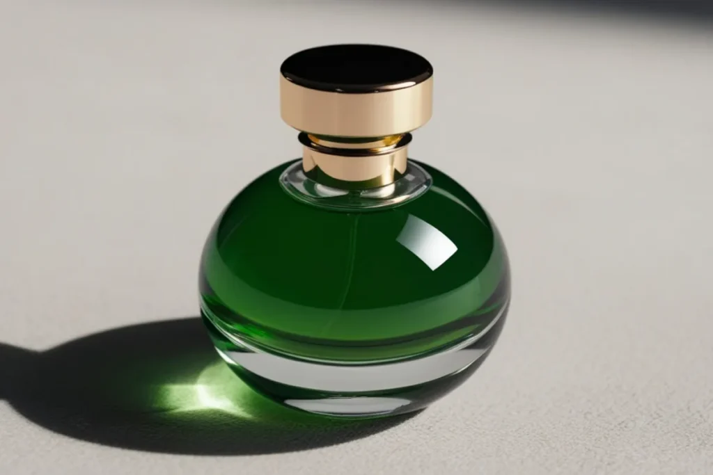 frasco redondo de perfume verde com tampa dourada sobre superfície clara