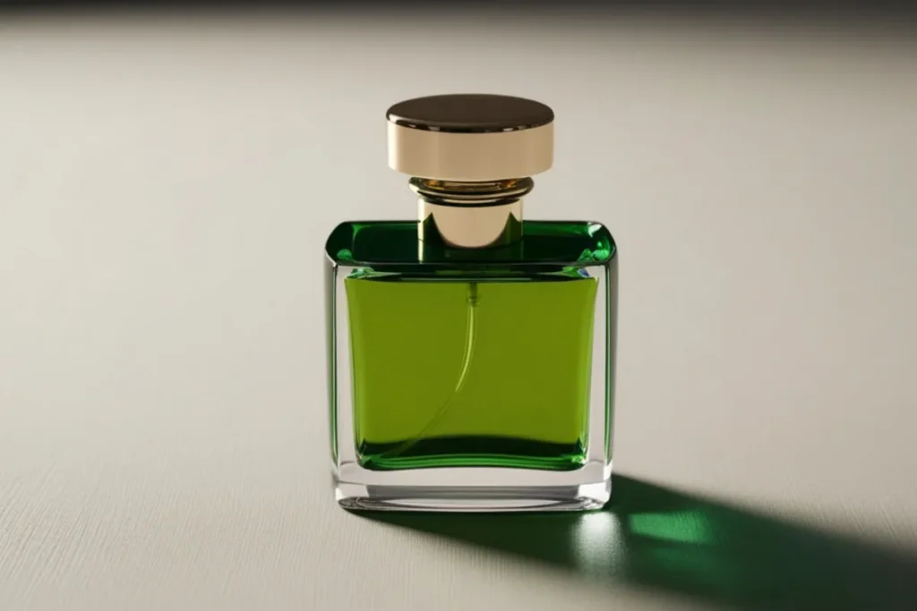 frasco de perfume verde com tampa dourada sobre superfície clara