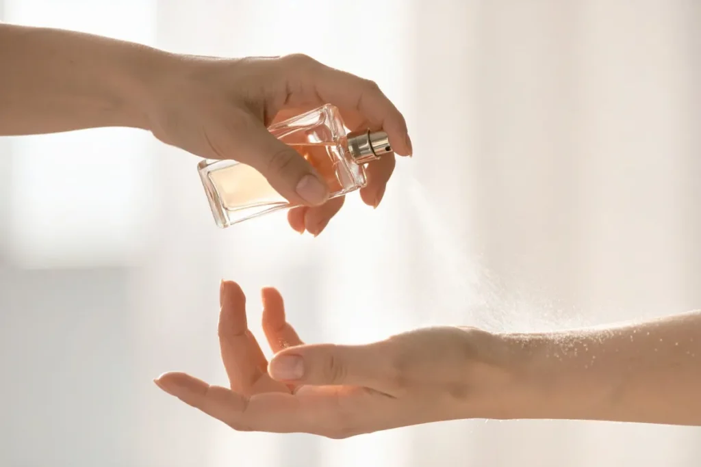 Mão aplicando perfume em outra