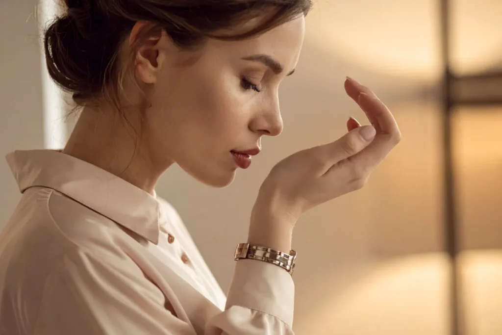 Mulher cheirando pulso