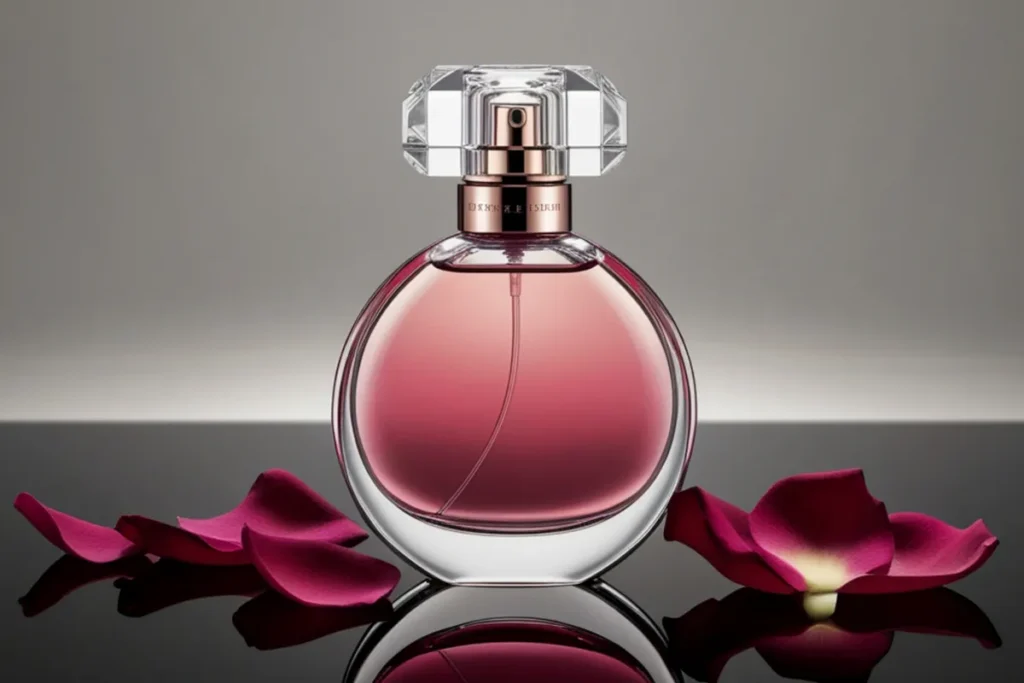frasco de perfume redondo com líquido rosado colocado sobre superfície clara com pétalas ao redor