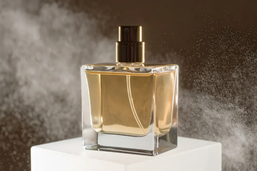 frasco de perfume transparente com líquido dourado enquanto a fragrância é borrifada ao redor