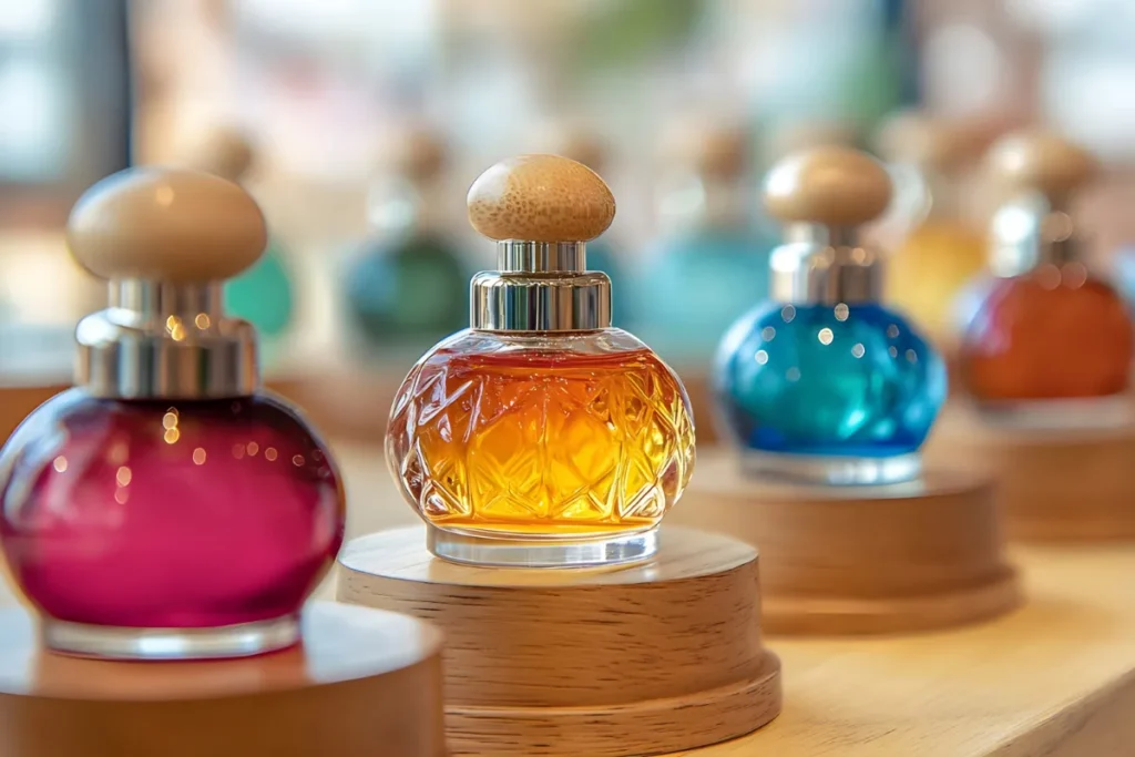 frascos de perfume coloridos posicionados sobre pequenas bases de madeira