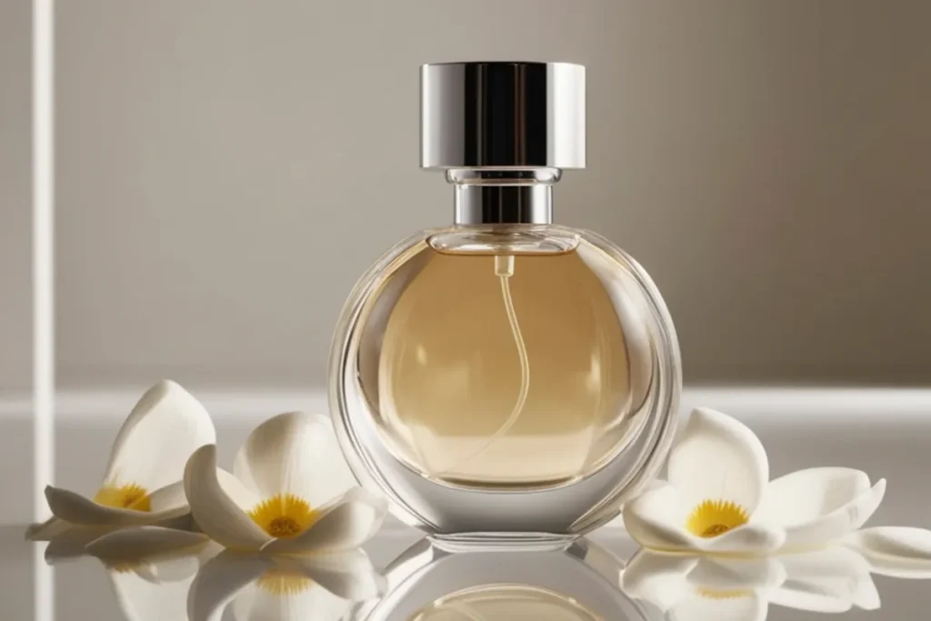 frasco de perfume redondo com líquido dourado apoiado próximo a flores claras