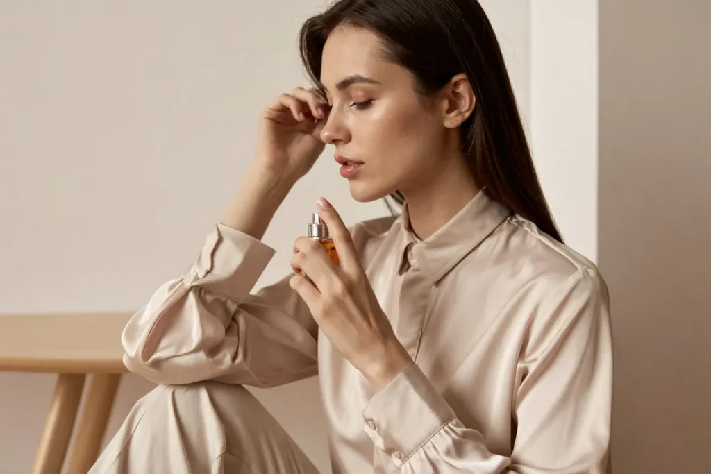 mulher segurando um frasco de perfume enquanto aplica a fragrância próximo ao pescoço