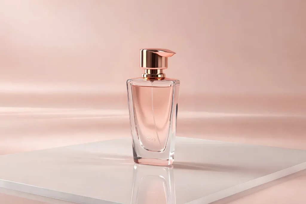 frasco de perfume com líquido rosado e tampa metálica sobre superfície clara