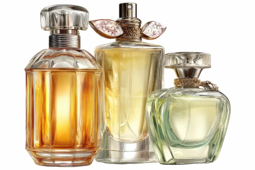 três frascos de perfume com líquidos em tons dourado e verde claro posicionados lado a lado