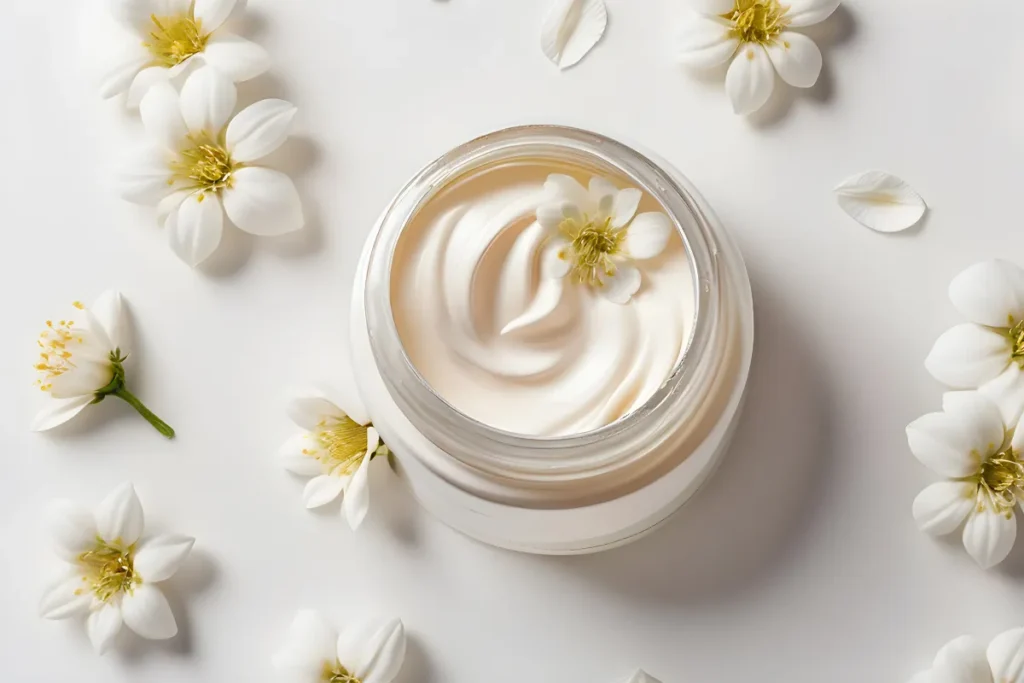 pote de creme hidratante aberto com textura cremosa cercado por pequenas flores brancas