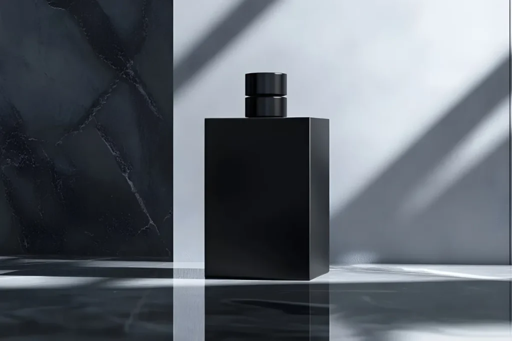 frasco de perfume masculino preto com design minimalista sobre superfície clara