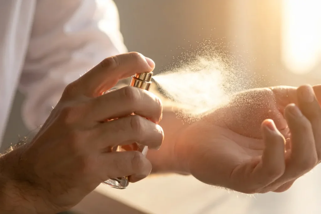mão masculina borrifando perfume no pulso enquanto a fragrância se espalha no ar