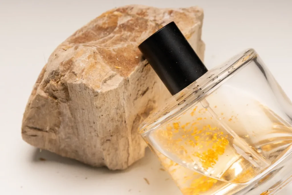 frasco de perfume transparente com líquido dourado apoiado ao lado de um pedaço de madeira em fundo neutro