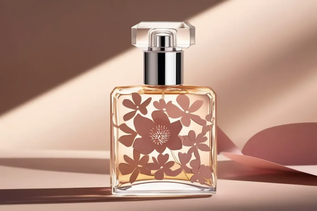 frasco de perfume com desenho floral em vidro transparente sobre fundo em tons bege com iluminação suave