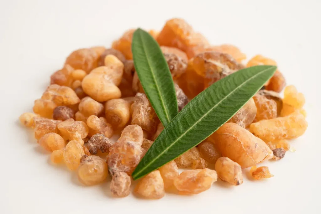 Pequenos pedaços de resina de benjoim em tons amarelados com duas folhas verdes sobre eles.