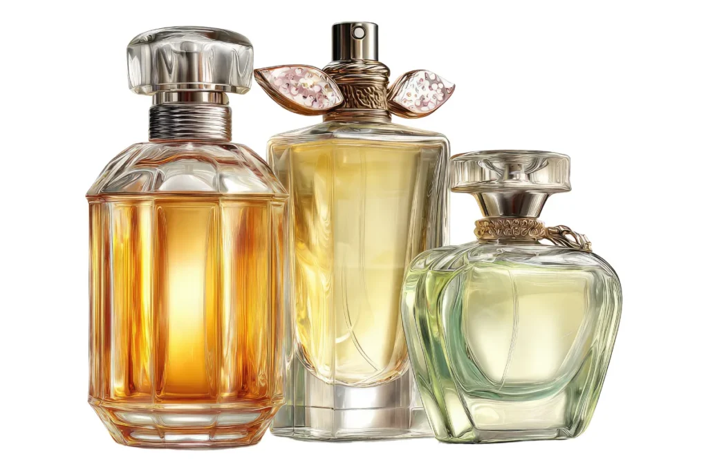 frascos de perfume decorativos com design sofisticado e líquidos em tons suaves