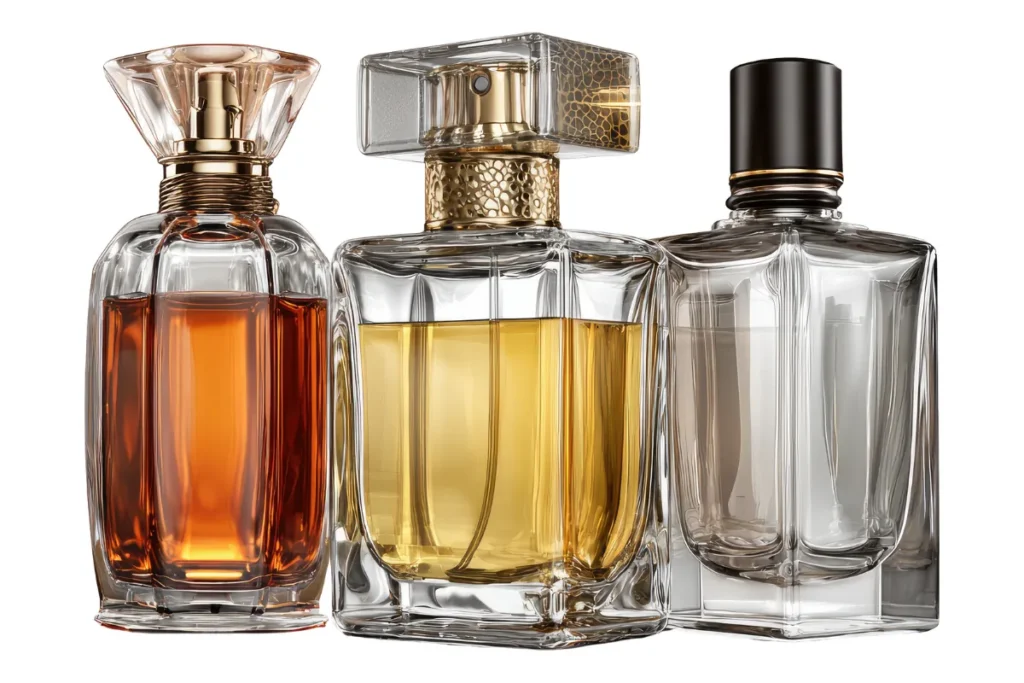 três frascos de perfume de vidro com líquidos em tons âmbar e dourado