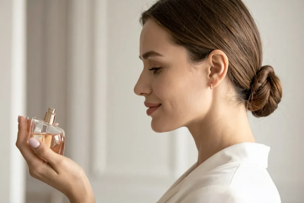 Mulher segurando um frasco de perfume enquanto observa e sente a fragrância antes de aplicar.