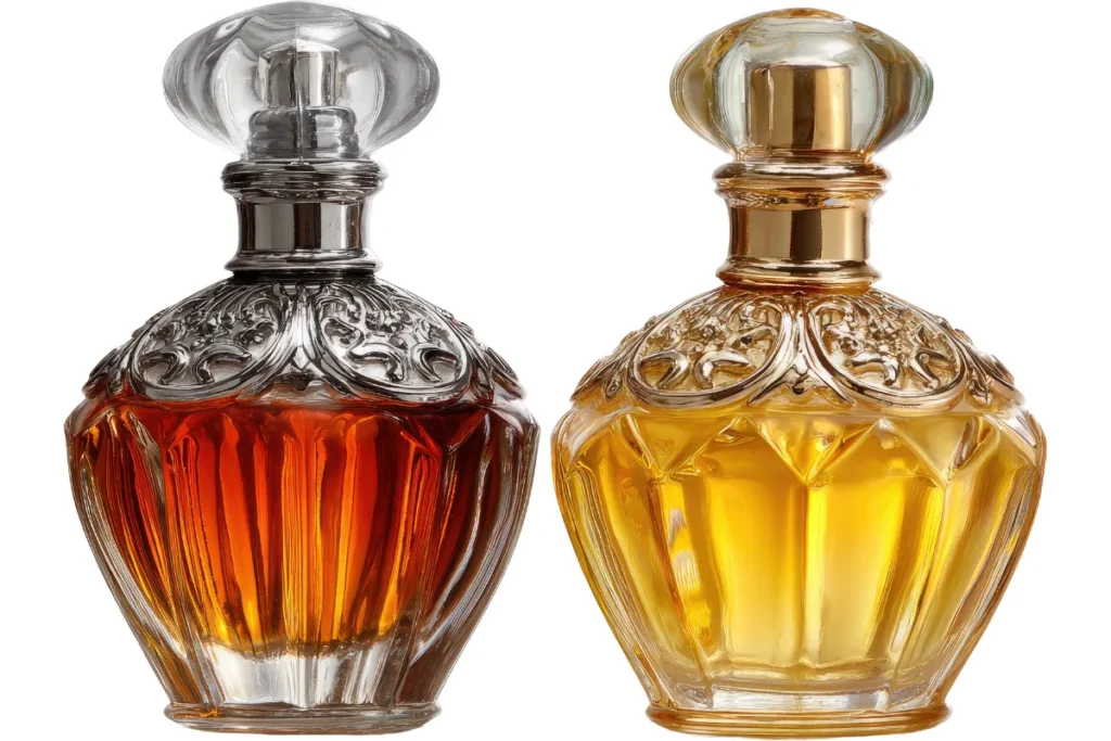 Dois frascos de perfume em vidro com design clássico e líquido em tons âmbar e dourado.