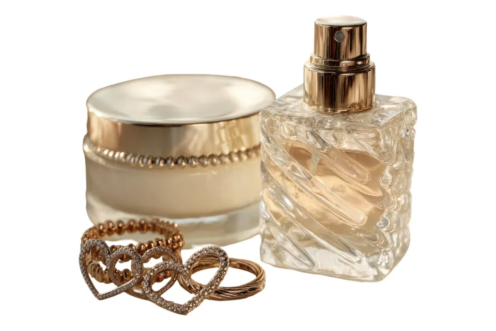 Frasco de perfume com design sofisticado ao lado de acessórios dourados como anéis e pulseiras