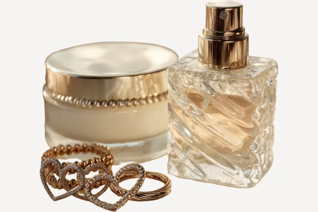 Frasco de perfume com tampa dourada ao lado de joias e pote decorativo metálico.