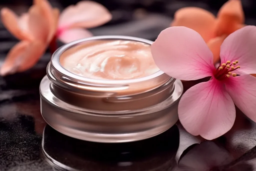 Pote de creme corporal aberto com textura cremosa visível ao lado de flores rosadas sobre superfície escura.
