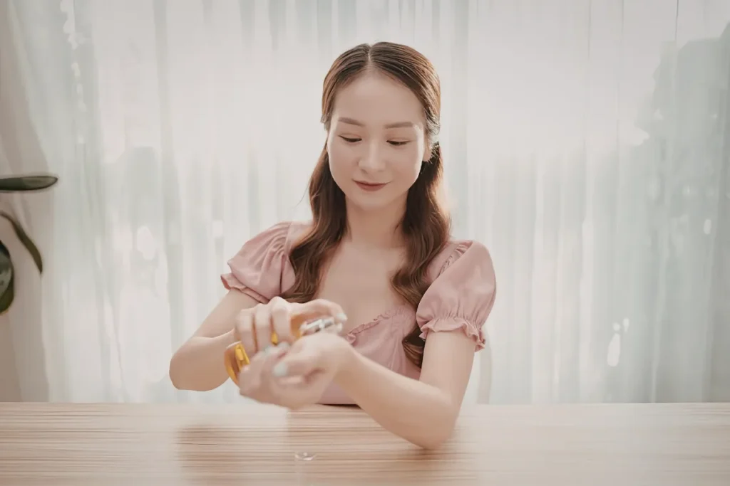 Mulher aplicando perfume no pulso em ambiente claro