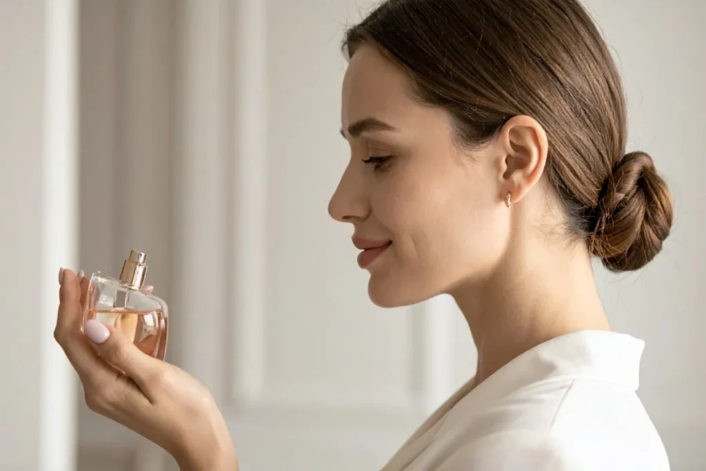 Mulher segurando um frasco de perfume enquanto sente o aroma em ambiente interno.