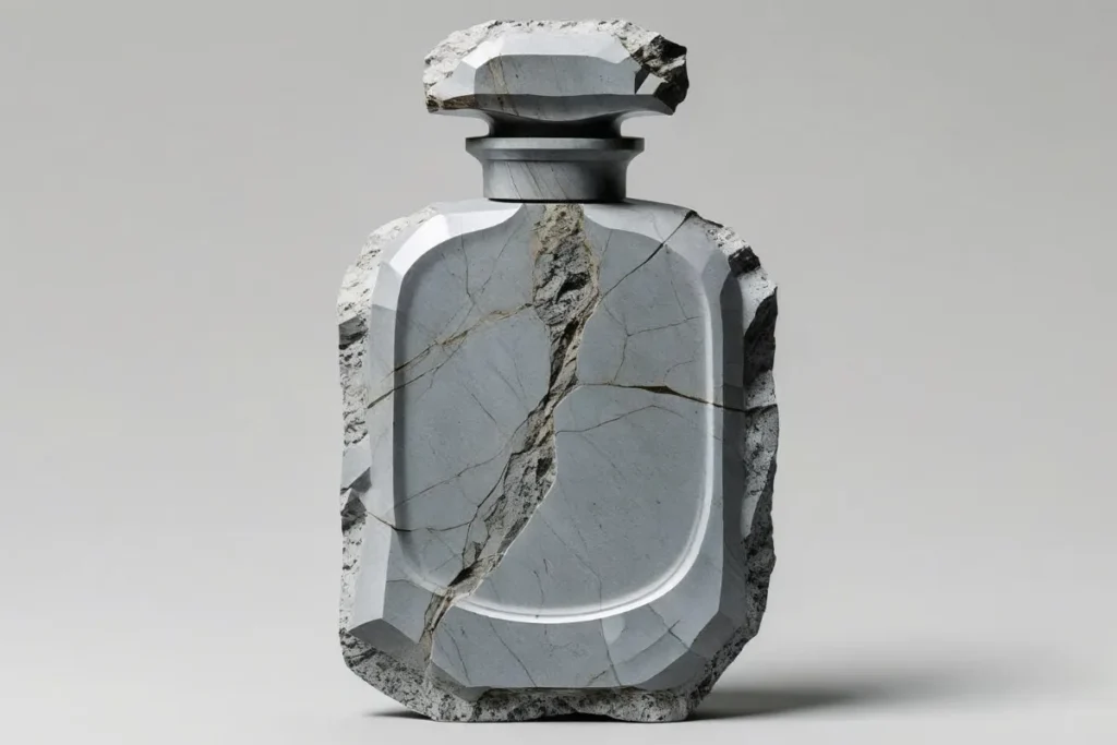Frasco de perfume com acabamento que lembra pedra e design moderno