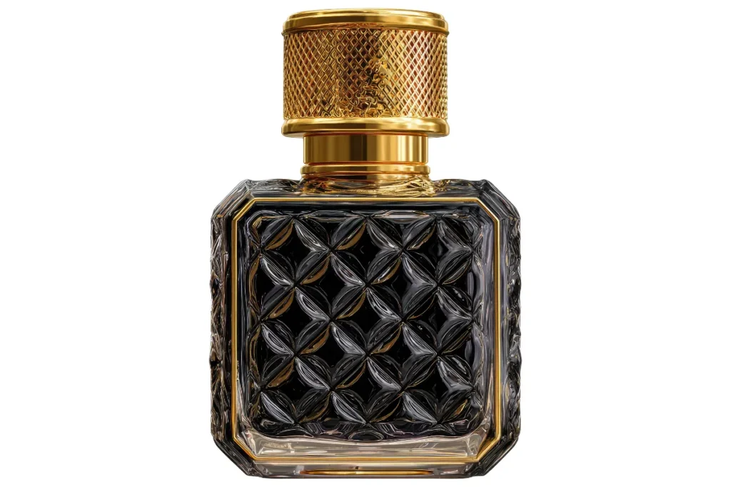 Frasco de perfume escuro com detalhes dourados e design sofisticado