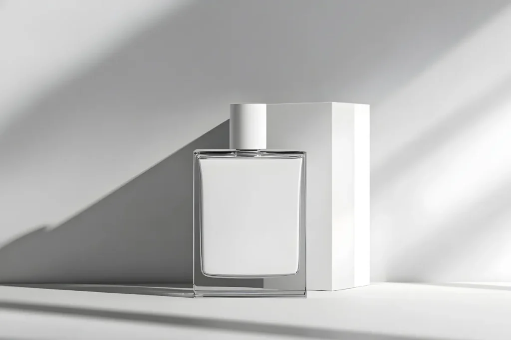 Frasco de perfume transparente com tampa branca posicionado em frente a uma caixa branca em um cenário minimalista.