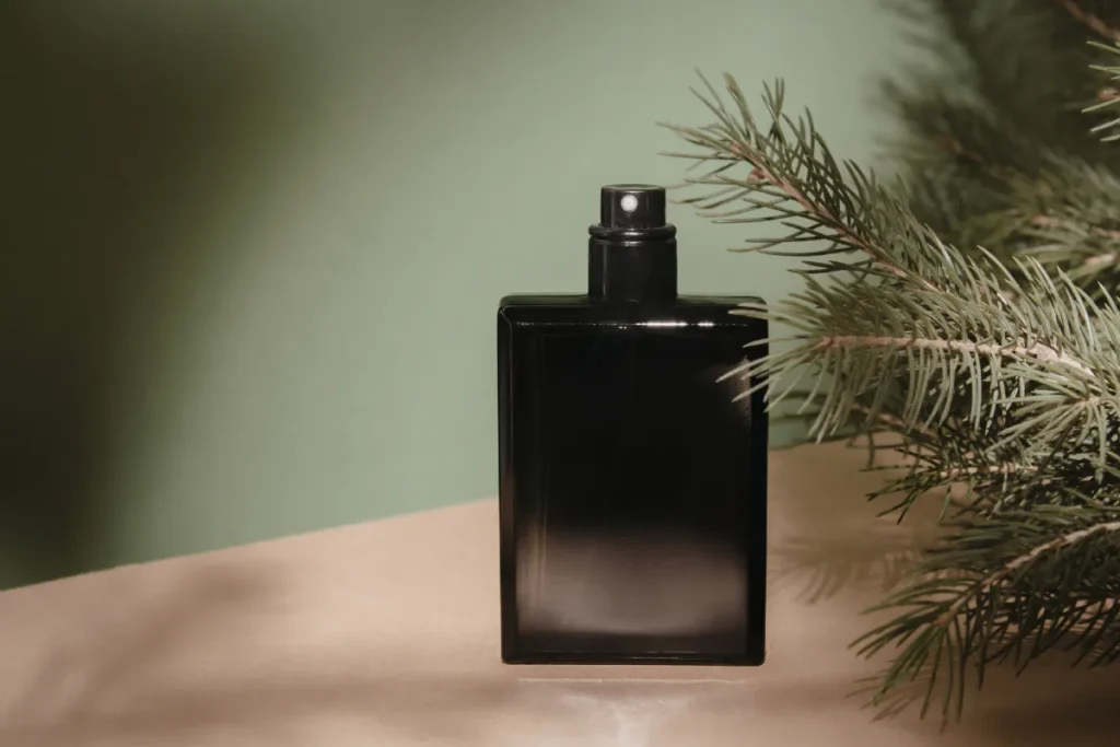 Frasco de perfume masculino preto com borrifador sobre superfície clara, ao lado de um ramo de pinheiro decorativo.