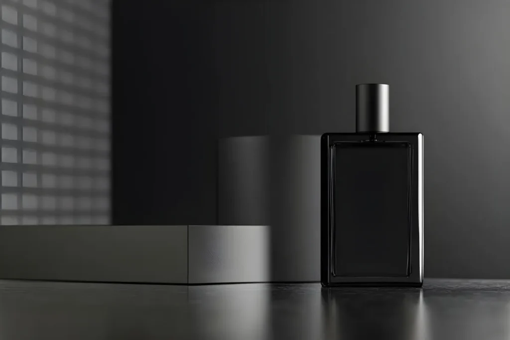 Frasco de perfume masculino preto com design elegante sobre uma superfície escura em ambiente com iluminação suave.