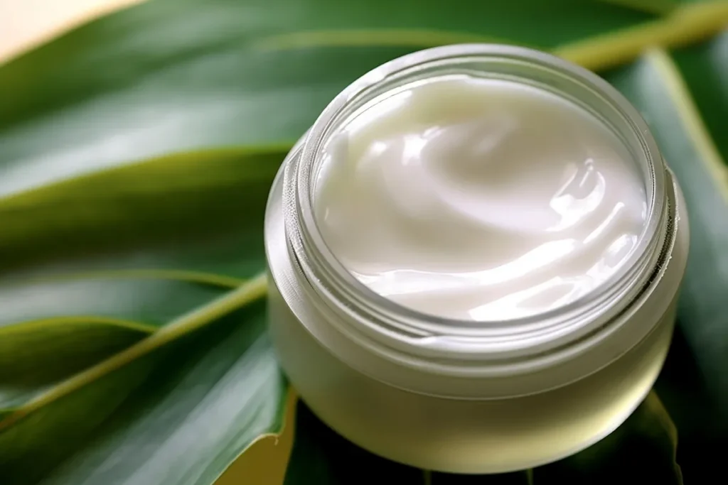 pote aberto de creme hidratante com textura suave sobre folhas verdes
